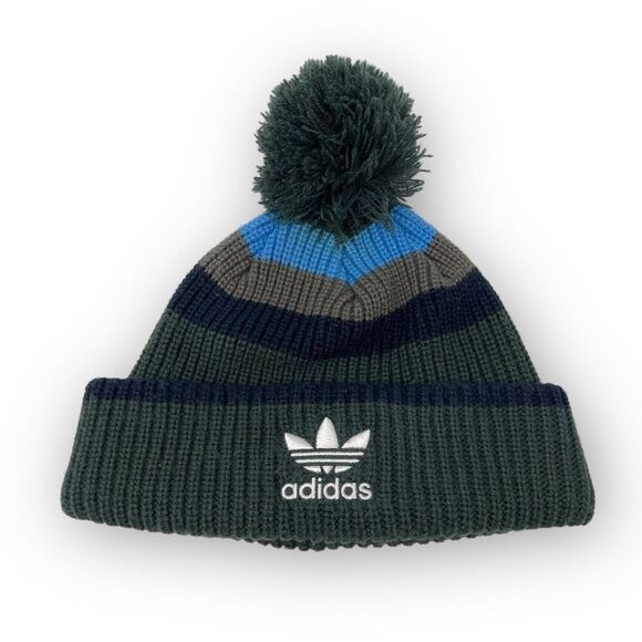 Adidas Pom Pom Beanie Hat Green Blue Striped 100% Acrylic Unisex One Size OSFM - Picture 1 of 8